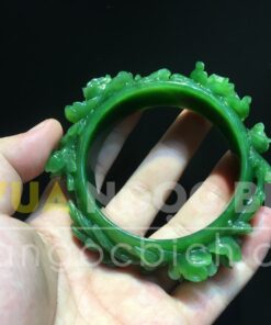 Vòng Tay Ngọc Bích Bản Liền Chạm Hoa Mẫu Đơn VIP (VNB-VT258) 1