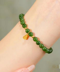 Vòng Tay Ngọc Bích Nephrite Jade 5mm Mix Charm Bạc Xi Vàng (VNB-VT839)